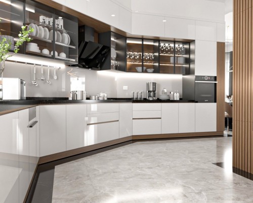 Tủ bếp Acrylic kết hợp tủ bếp cánh kính