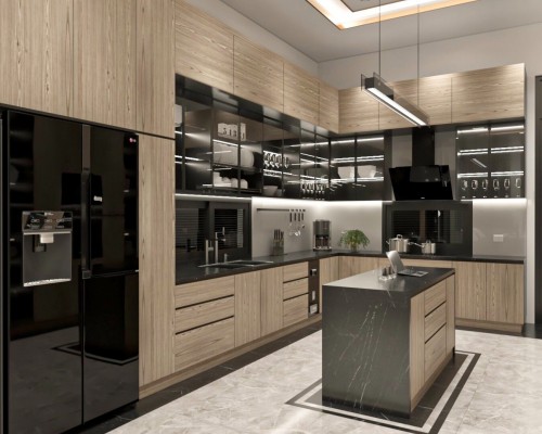 Tủ bếp cánh kính kết hợp tủ bếp MDF